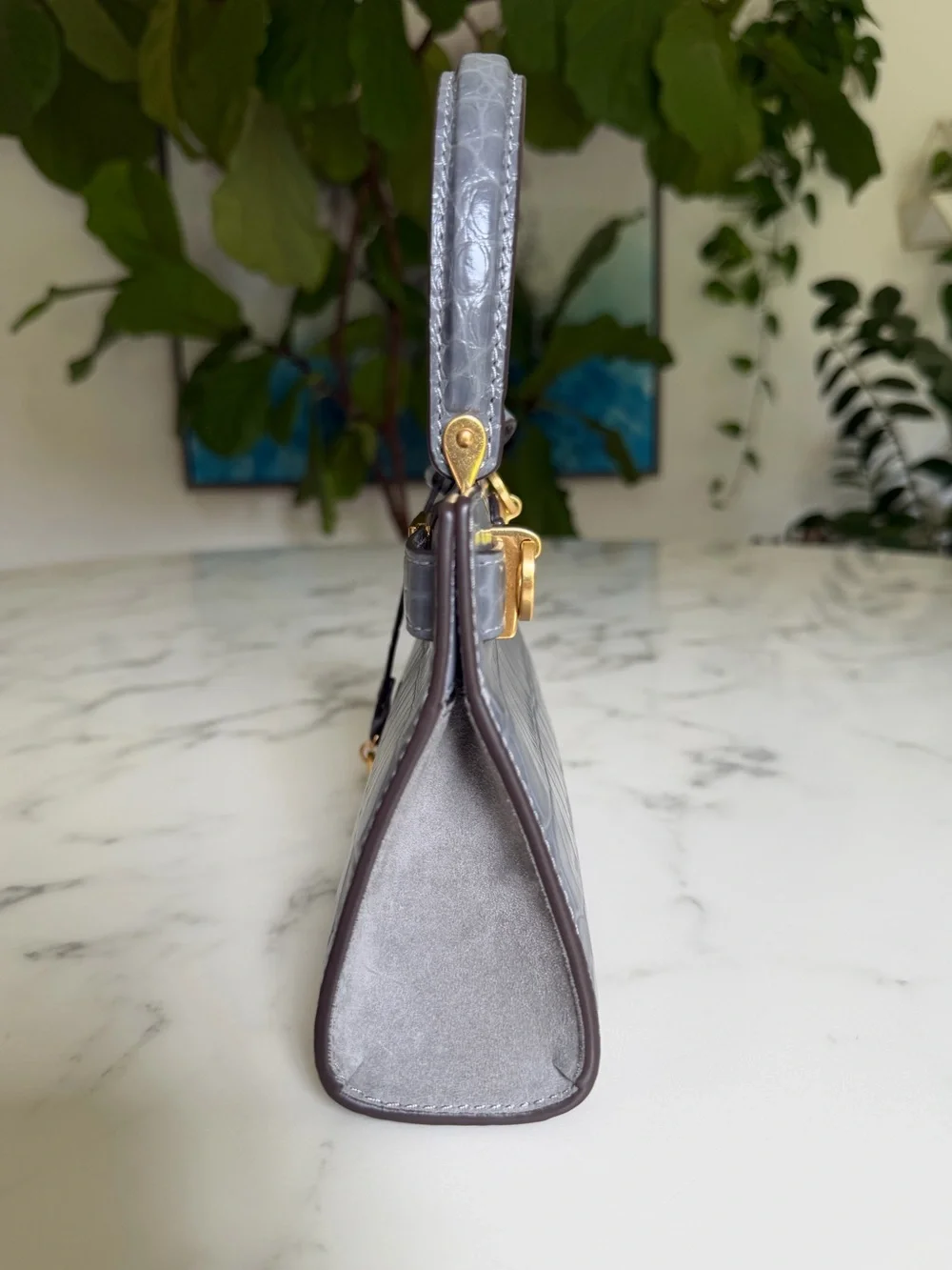 Tory Burch Lee Radziwill Petite Bag in Zinc Gray Crocodile Croc Embossed Leather